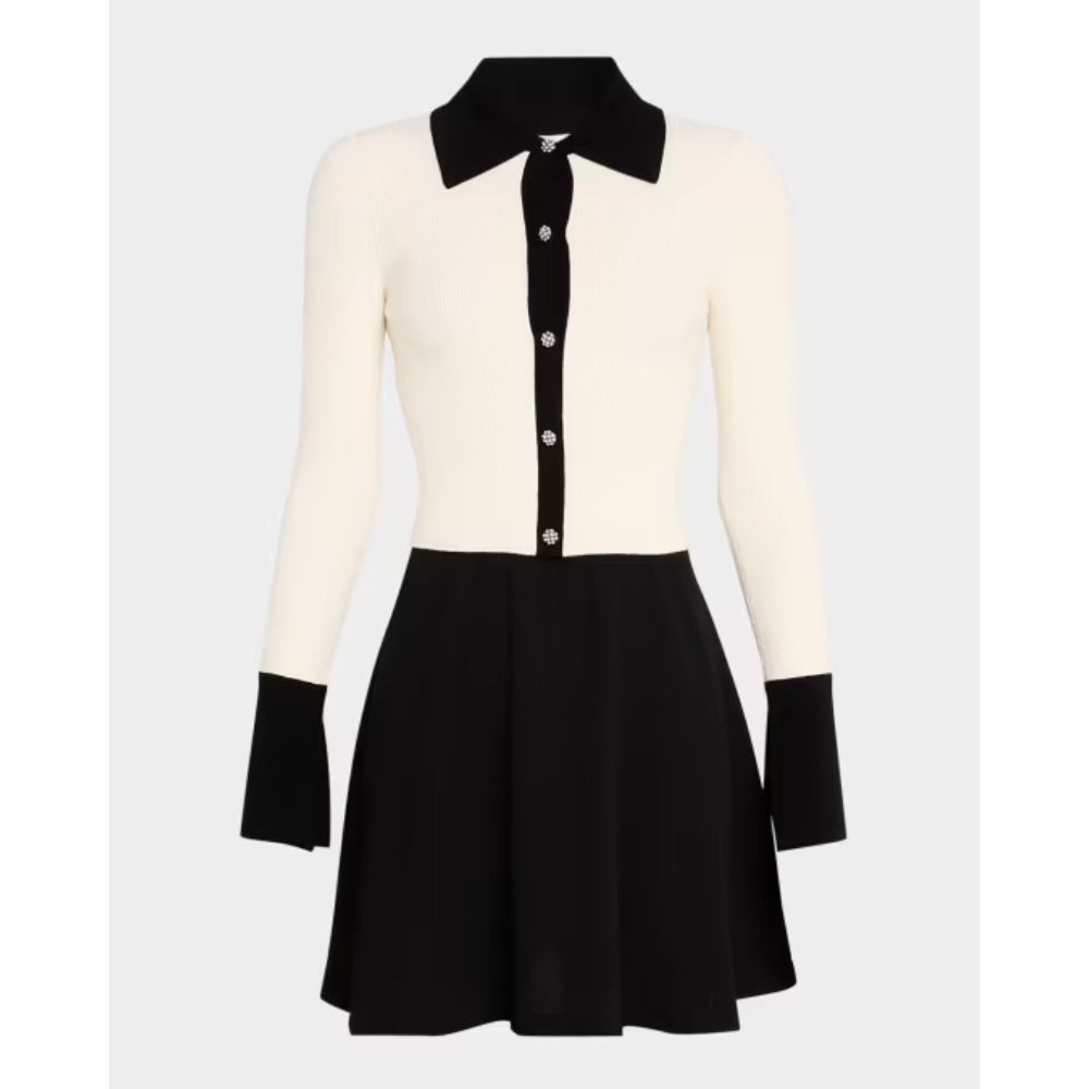 NWT Alice + Olivia Trevor Mixed Media Mini Dress Large Wool Blend Black Cream